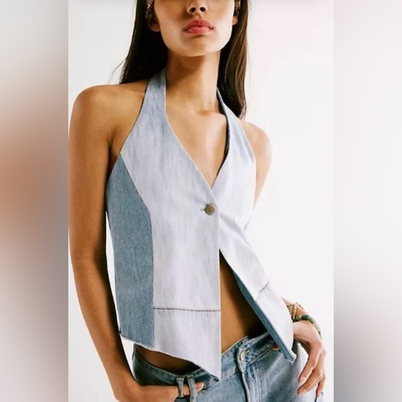 Free People Tricia Fix Split Denim Vest Halter Top Women’s Blue Size Medium - Picture 2 of 12
